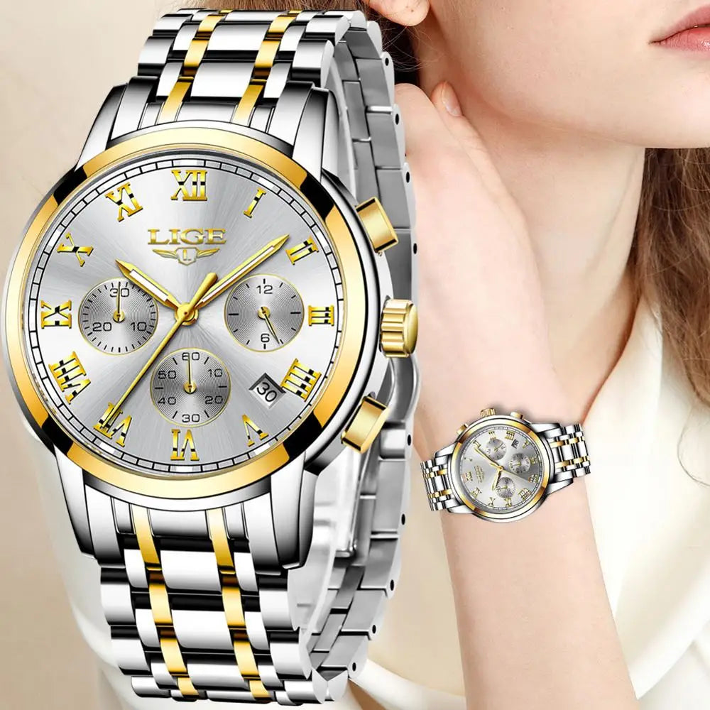 LIGE Women's Watches Ladies Quartz Watch Waterproof Stainless Steel Strap Chronograph Watch for Women Fashion Watch Bracelet Set