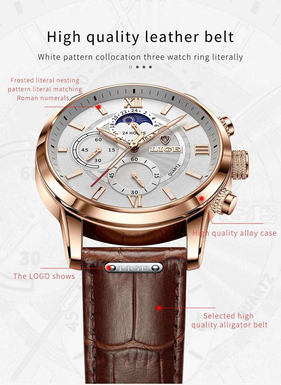 LIGE Watches UnisexTop Brand Luxury Clock Casual Leathe 24Hour Moon Phase Watch Sports Waterproof Quartz Chronograph+Box