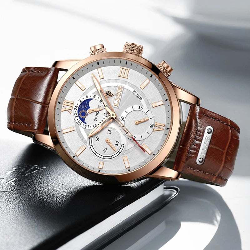 LIGE Watches UnisexTop Brand Luxury Clock Casual Leathe 24Hour Moon Phase Watch Sports Waterproof Quartz Chronograph+Box