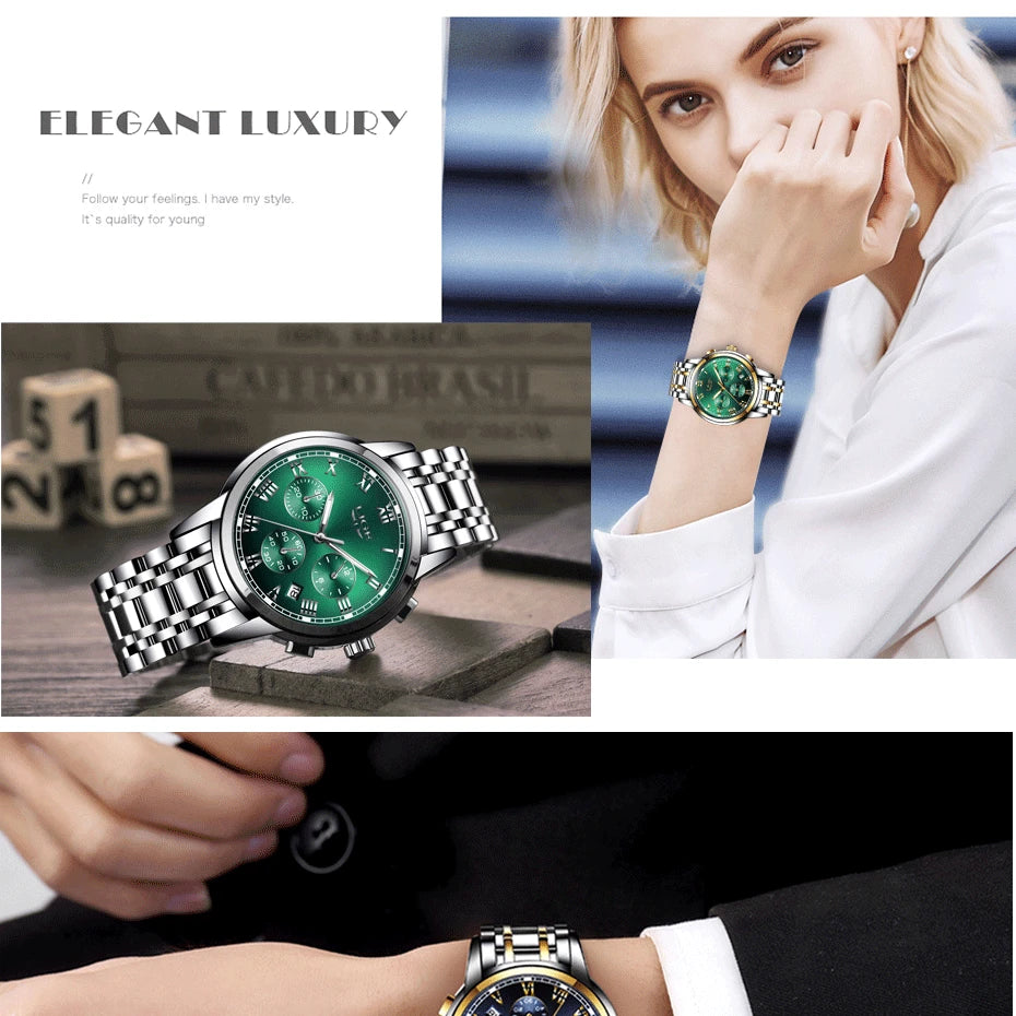 LIGE Women's Watches Ladies Quartz Watch Waterproof Stainless Steel Strap Chronograph Watch for Women Fashion Watch Bracelet Set