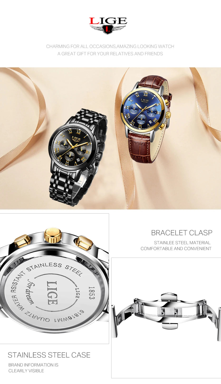 LIGE Women's Watches Ladies Quartz Watch Waterproof Stainless Steel Strap Chronograph Watch for Women Fashion Watch Bracelet Set