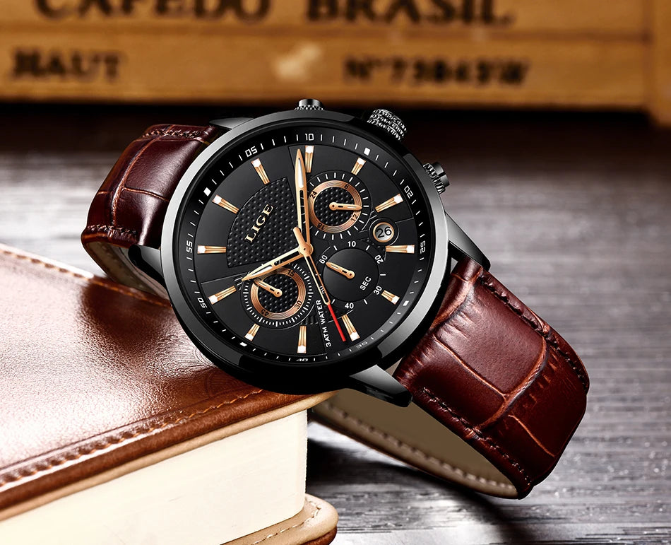 LIGE Watch Men Fashion Sports Quartz Clocks Mens Watches Top Brand Leather Military Waterproof Date Watch Relogio Masculino