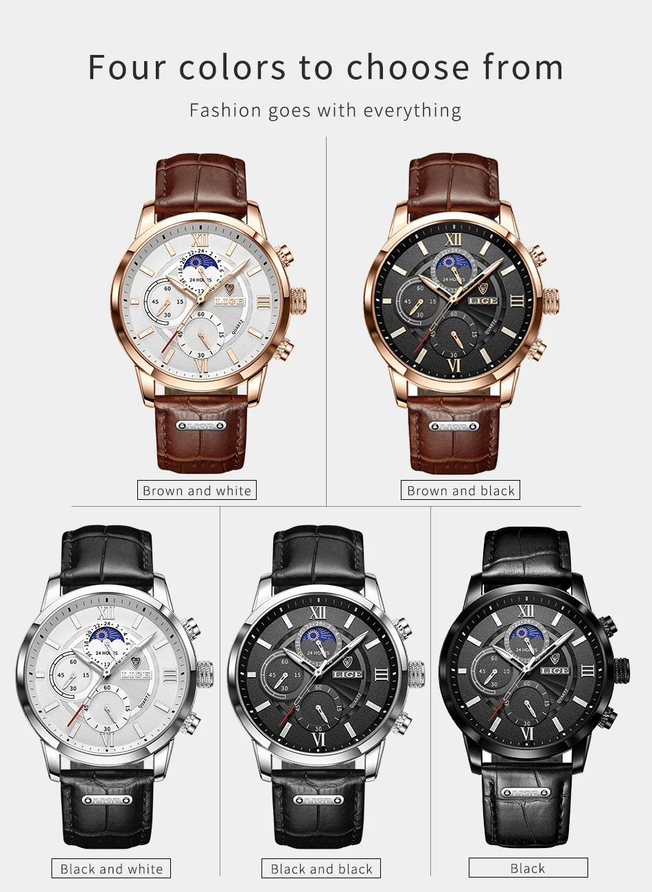 LIGE Watches UnisexTop Brand Luxury Clock Casual Leathe 24Hour Moon Phase Watch Sports Waterproof Quartz Chronograph+Box
