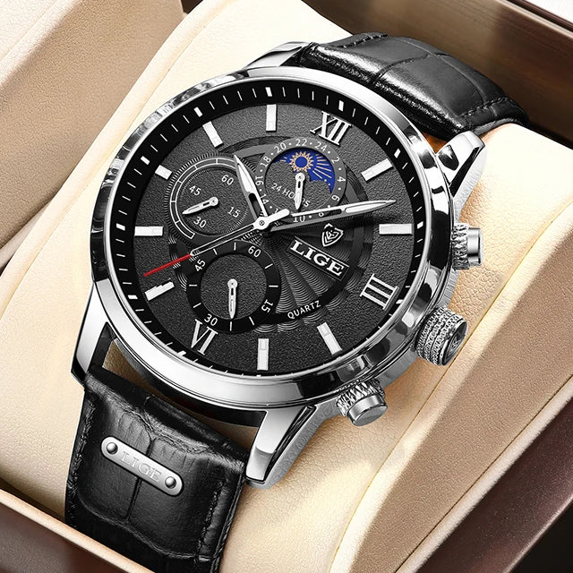 LIGE Watches UnisexTop Brand Luxury Clock Casual Leathe 24Hour Moon Phase Watch Sports Waterproof Quartz Chronograph+Box