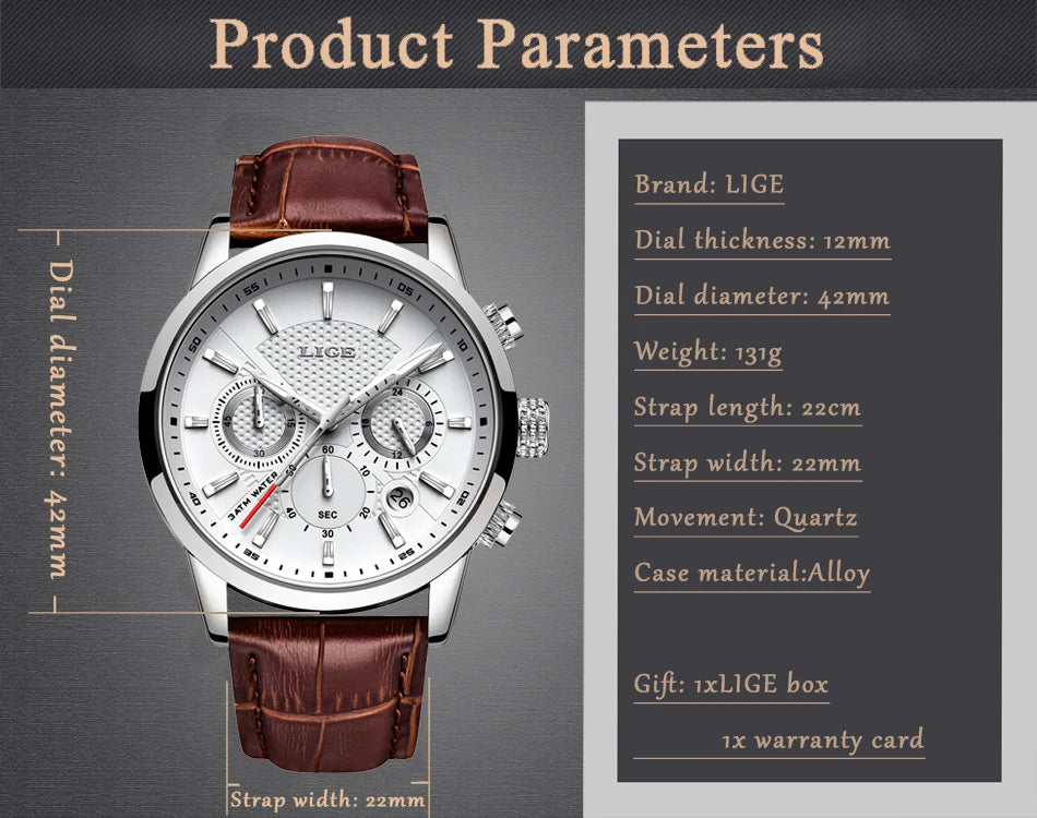 LIGE Watch Men Fashion Sports Quartz Clocks Mens Watches Top Brand Leather Military Waterproof Date Watch Relogio Masculino
