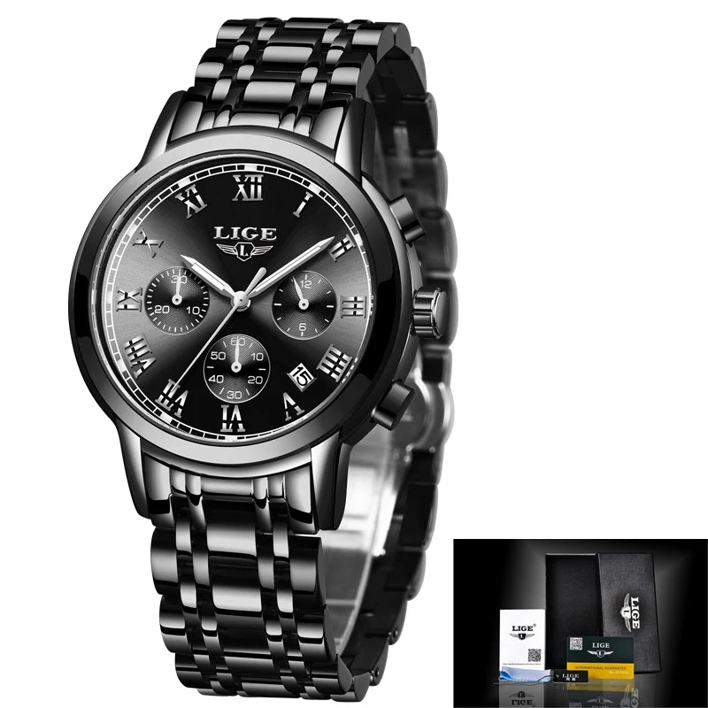 LIGE Women's Watches Ladies Quartz Watch Waterproof Stainless Steel Strap Chronograph Watch for Women Fashion Watch Bracelet Set