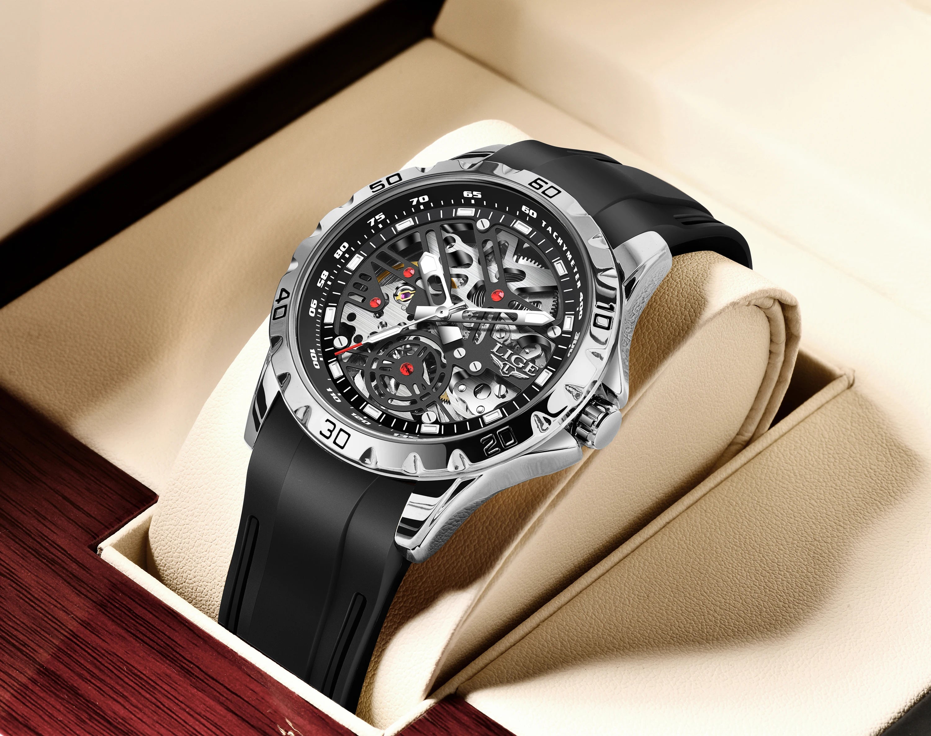 LIGE Luxury Men  Automatic Mechanical Watch Luminous Hollowed Movement Waterproof Luminous Mechanical wristwatches  Reloj Montre