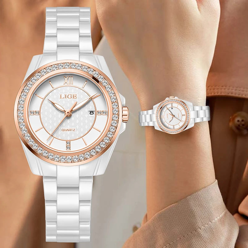 LIGE New Ceramic Watch Women Top Brand Luxury Creative Waterproof Watches For Women Fashion Elegant Luminous Ladies Quartz Watch