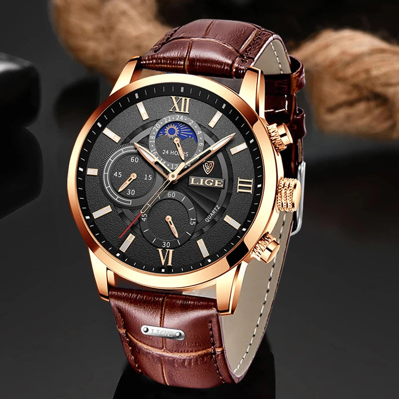 LIGE New Mens Watches Top Brand Luxury Brown Leather Casual Quartz Watch Men Sport Waterproof Clock Watch Relogio Masculino