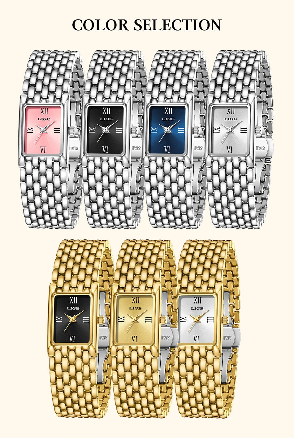 LIGE Watch Women Fashion Casual Luxury Womens Waterproof Square Dial Steel Belt Quartz Wrist Watches Christmas Gifts Reloj Mujer