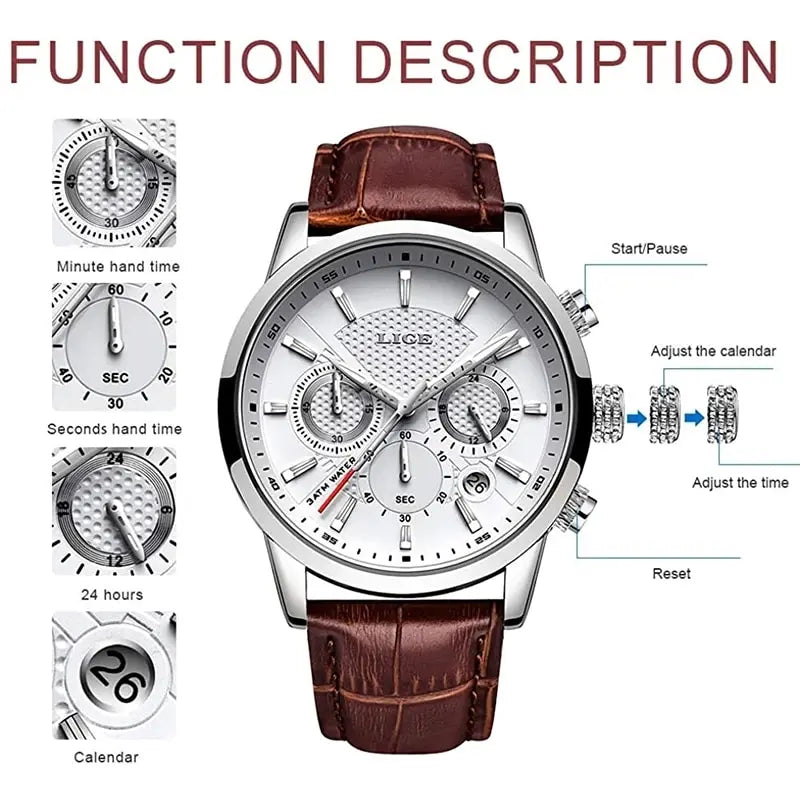 LIGE Watches Unisex Top Brand Luxury Casual Leather Quartz Watch Man Business Clock Male Sport Waterproof Date Chronograph