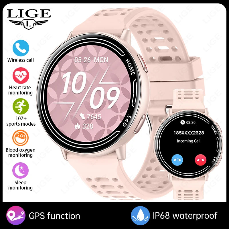 LIGE 2026 Women Sports Smart Watch New Built-in GPS Bluetooth Call 1.39'' Display Heart Rate Monitor 1ATM Waterproof SmartWatch