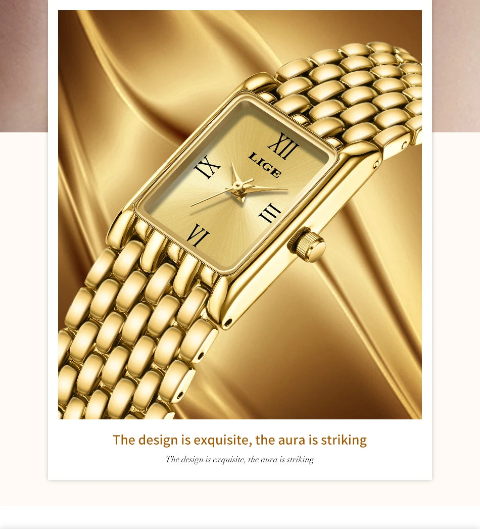 LIGE Gold Watch for Women Square Ladies Quartz Wristwatches Stainless Steel Women Small Gold Watch Luxury Casual Fashion Watch