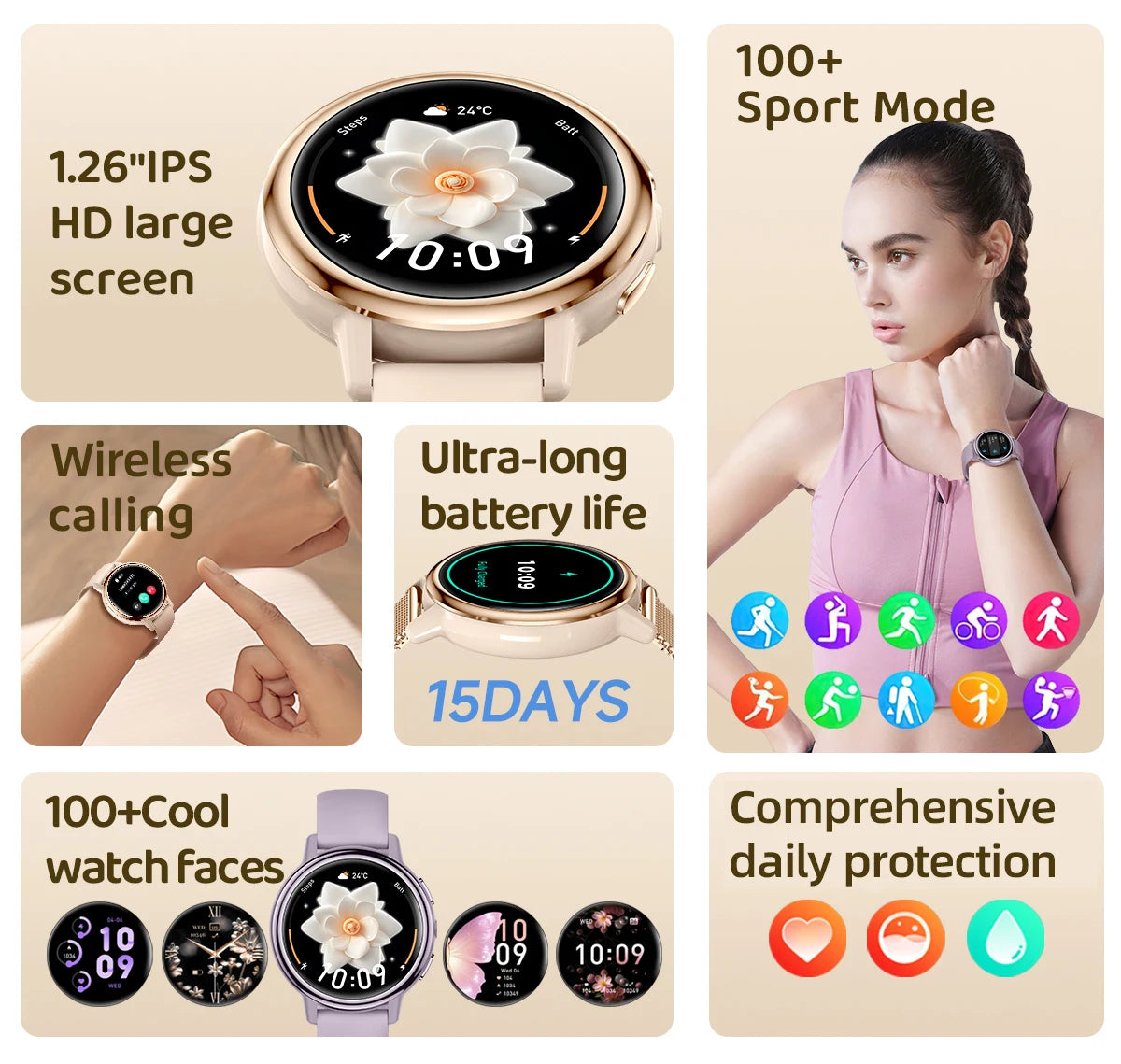 LIGE Lady Fashion Smart Watch 1.26" HD Heart Rate Women's Health Bluetooth Voice Call Waterproof Flashlight Smartwatch New 2025