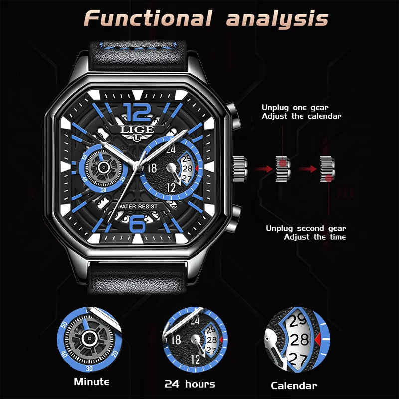 LIGE Fashion Mens Watch Leather Clock Brand Luxury Sport Chronograph Quartz Watches For Men Wrist Watch Relogios Masculino+Box