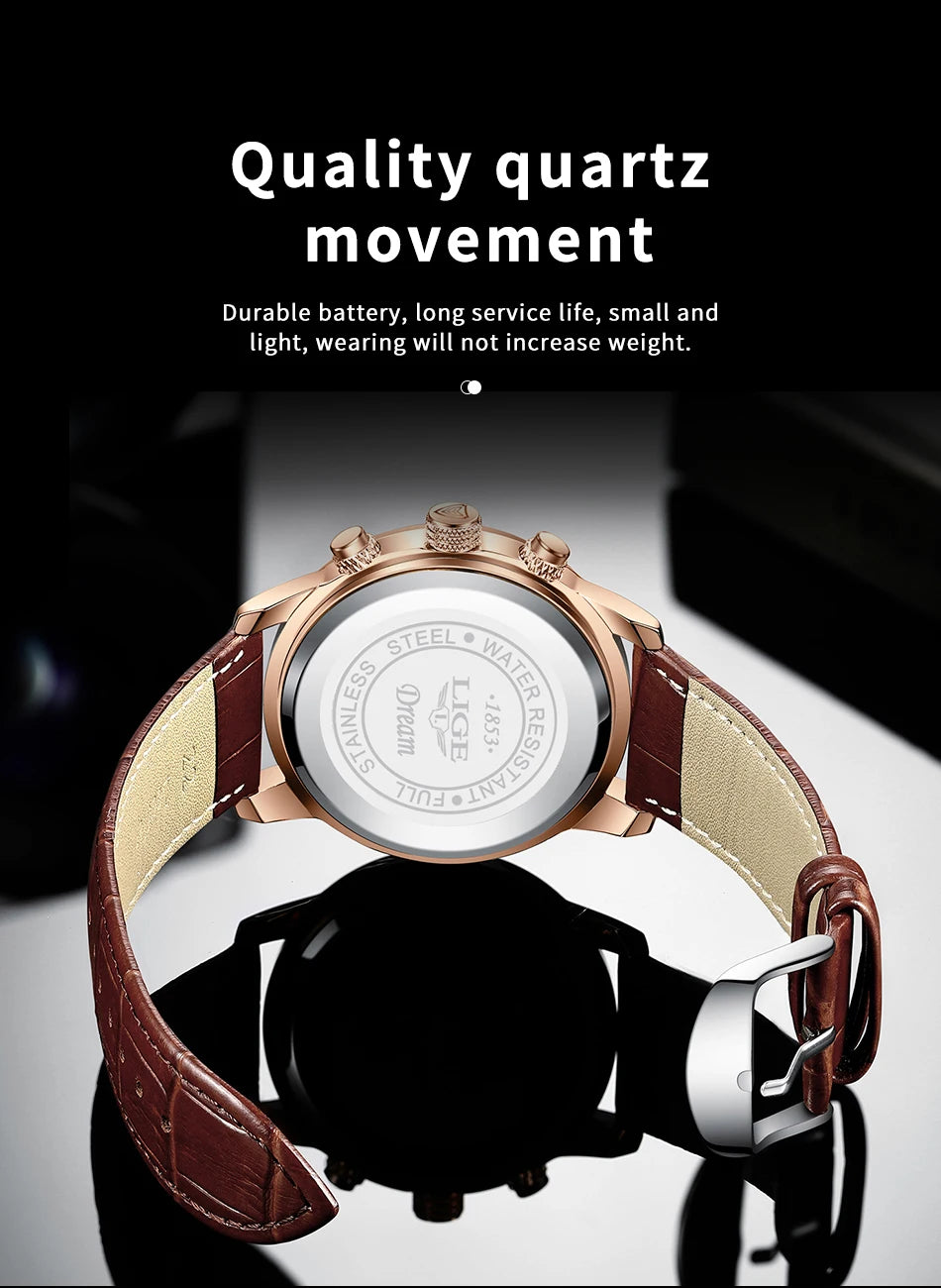 LIGE Men Date Clock Watches Male Chronograph Watch for Men Business Fashion Watch Man Top Brand Luxury Leather Quartz Wristwatch