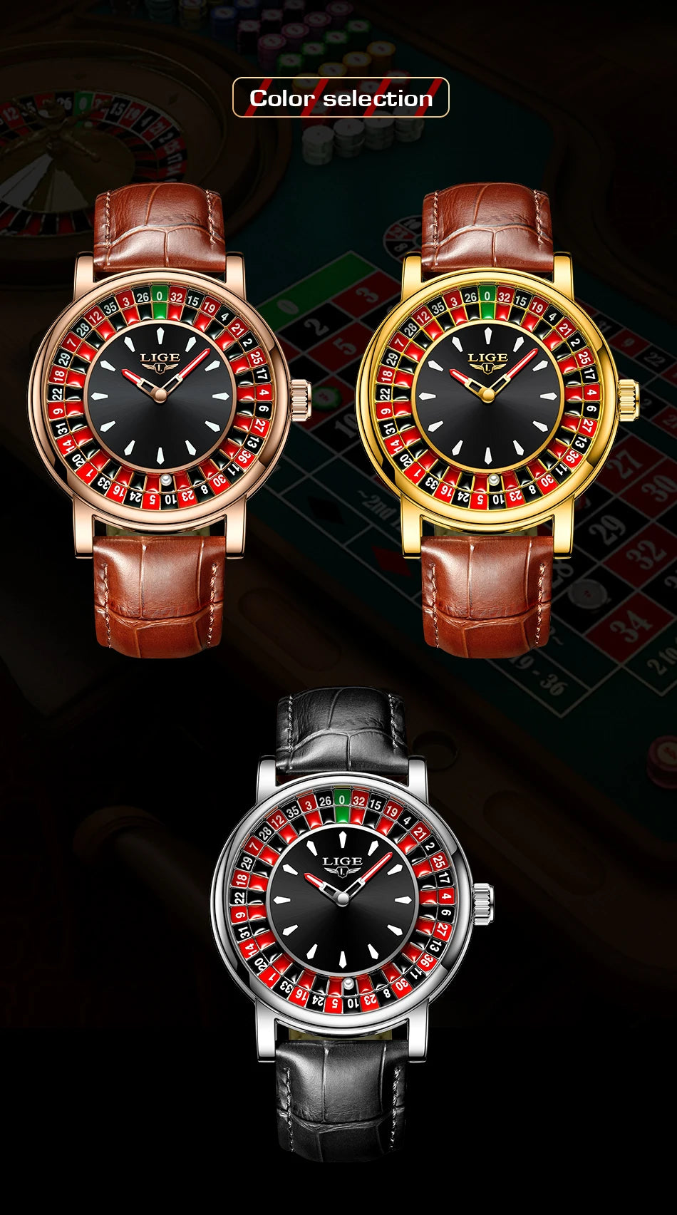 LIGE 2025 NEW mens watch Featured Dial Las Vegas Roulette Table Desk Theme waterproof quartz watches for men reloj hommes+BOX
