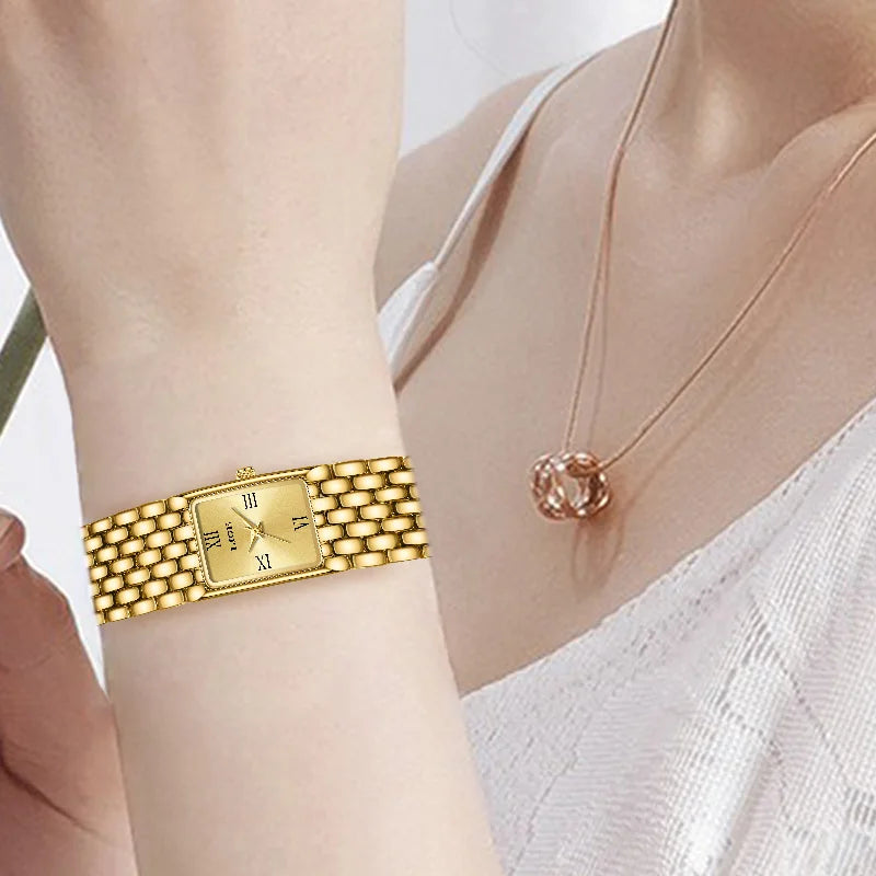 LIGE Gold Watch for Women Square Ladies Quartz Wristwatches Stainless Steel Women Small Gold Watch Luxury Casual Fashion Watch