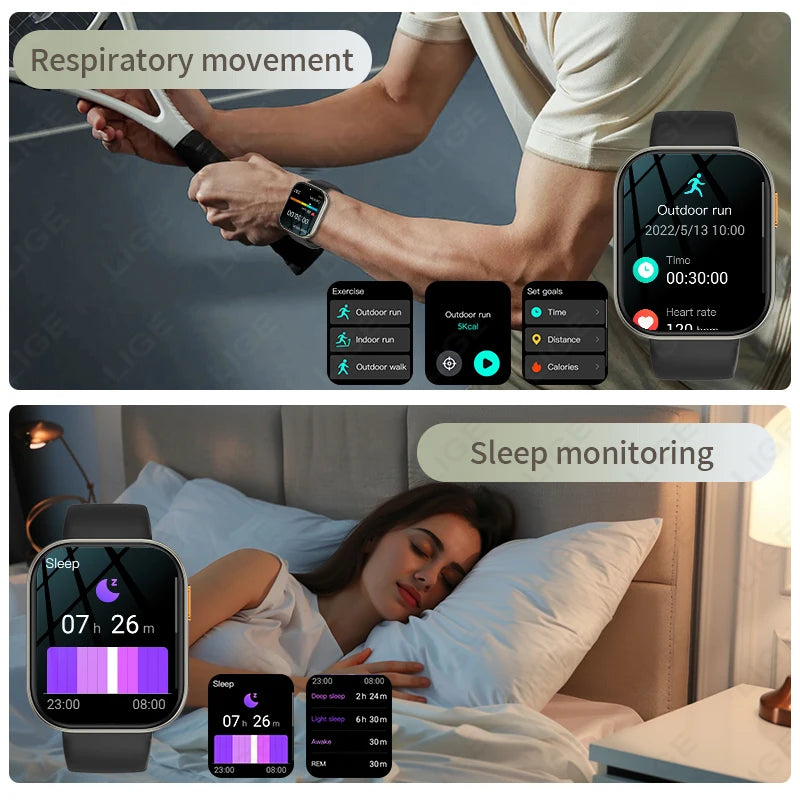 LIGE 2026 1000mAh Battery Men Women Smart Watch 2.04" HD Large Screen Flashlight Hear Rate Bluetooth Call Smartwatch 100+ Sports