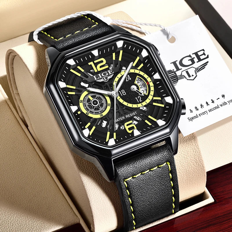 LIGE Fashion Mens Watch Leather Clock Brand Luxury Sport Chronograph Quartz Watches For Men Wrist Watch Relogios Masculino+Box