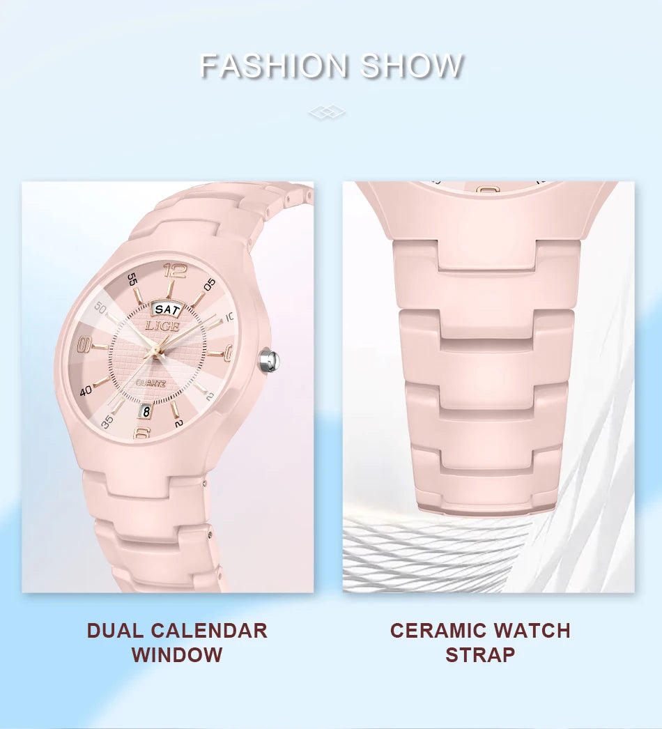 LIGE 2026 Elegant Ceramic Womens Watch Luxury Fashion Quartz Wristwatches Waterproof Date Week Watches Ladies Gifts Reloj Mujer