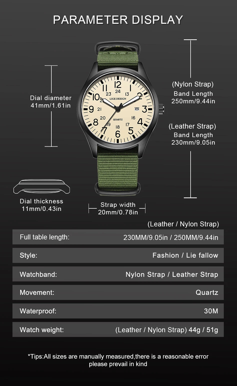 LIGE Original Top Quartz Watch Outdoor Sports Casual Simple Auto Date Clock Nylon Strap Waterproof Luminous Watches for Man Gift