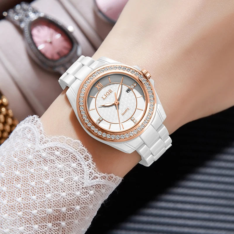 LIGE New Ceramic Watch Women Top Brand Luxury Creative Waterproof Watches For Women Fashion Elegant Luminous Ladies Quartz Watch