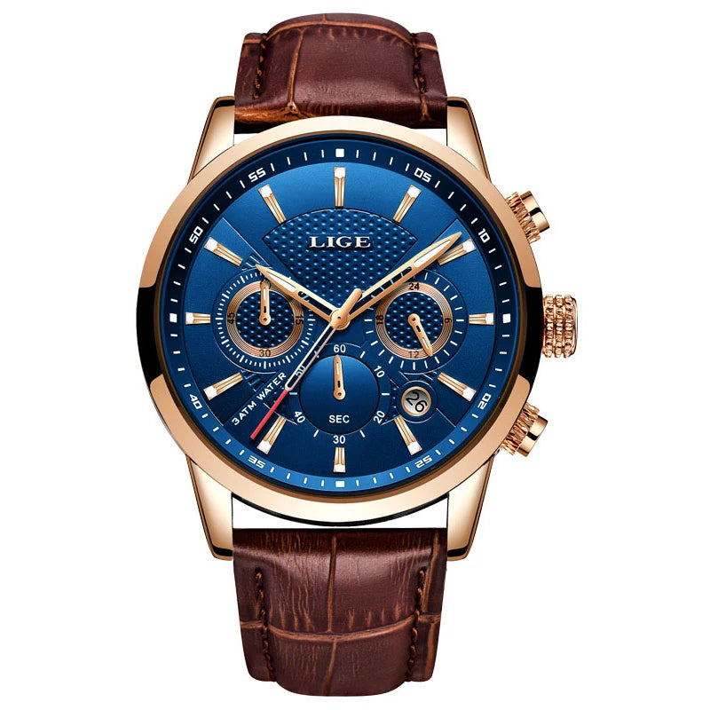 2023 New Mens Watches LIGE Top Brand Leather Chronograph Waterproof Sport Automatic Date Quartz Watch For Men Relogio Masculino
