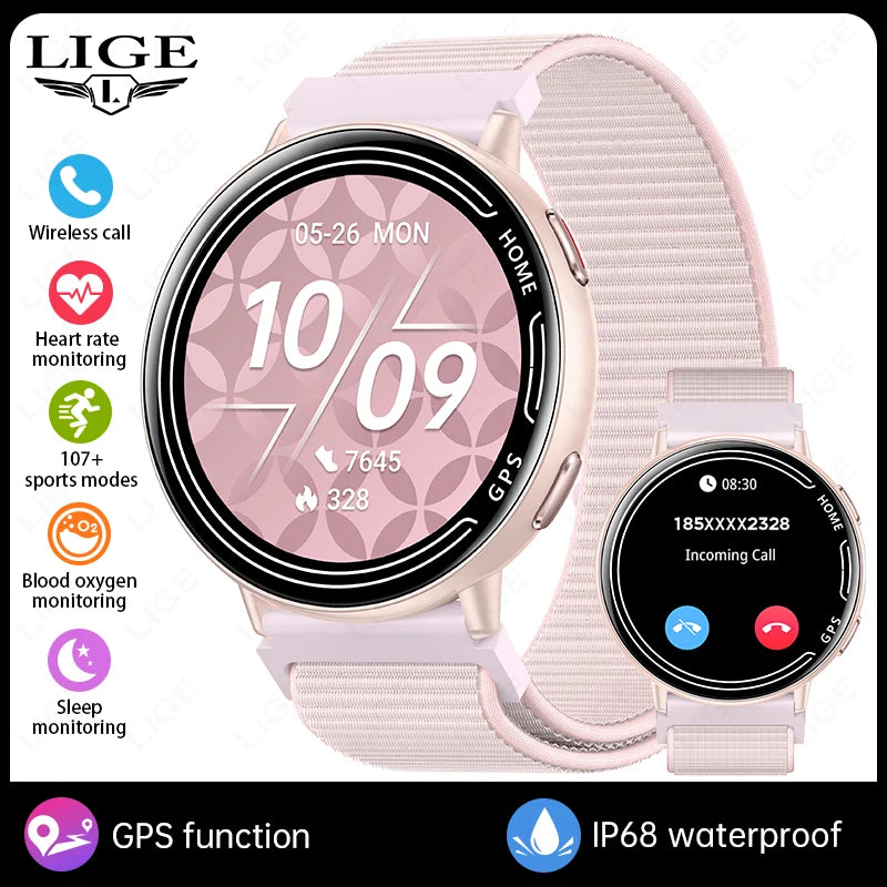LIGE 2026 Women Sports Smart Watch New Built-in GPS Bluetooth Call 1.39'' Display Heart Rate Monitor 1ATM Waterproof SmartWatch