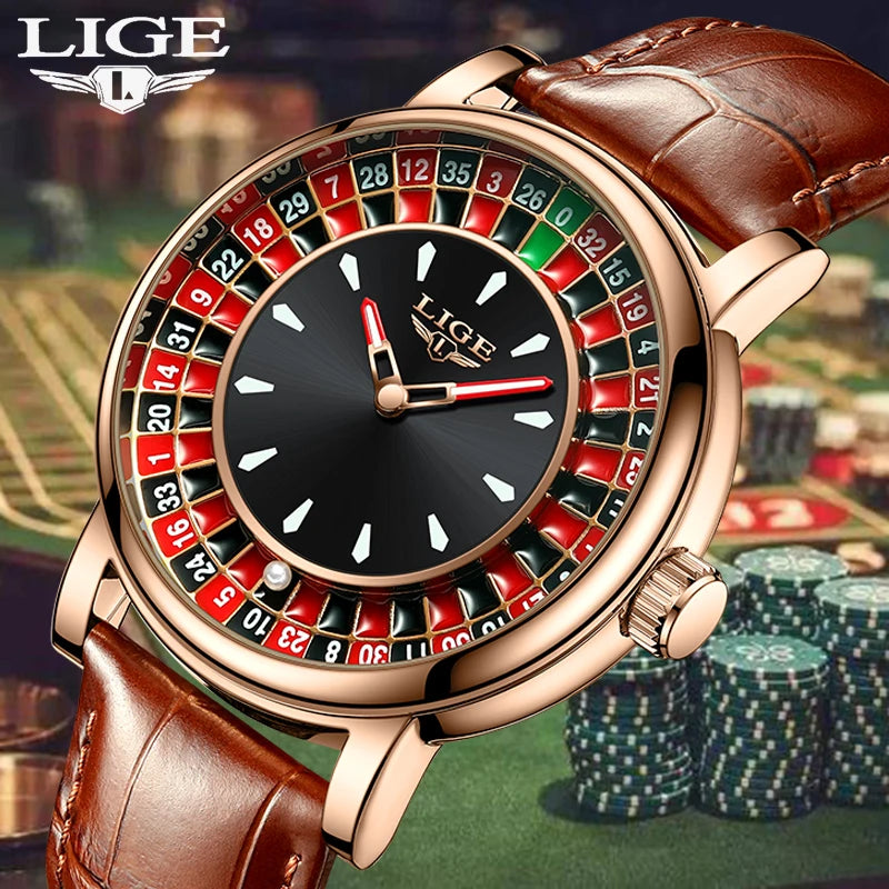 LIGE 2025 NEW mens watch Featured Dial Las Vegas Roulette Table Desk Theme waterproof quartz watches for men reloj hommes+BOX