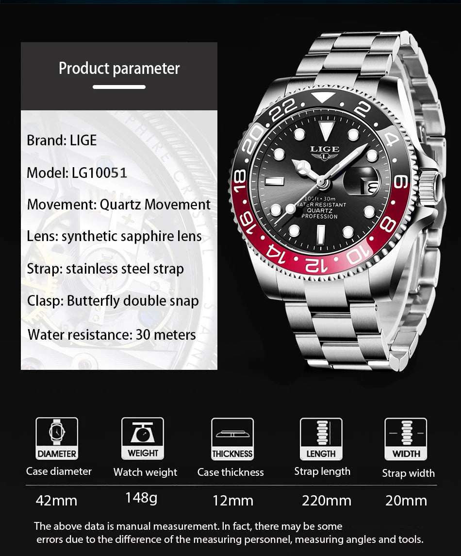 LIGE  New Mens Watches Top Brand Luxury Fashion Black Watch Men Luminous Waterproof Date Clock Sport Mens Quartz Wristwatch