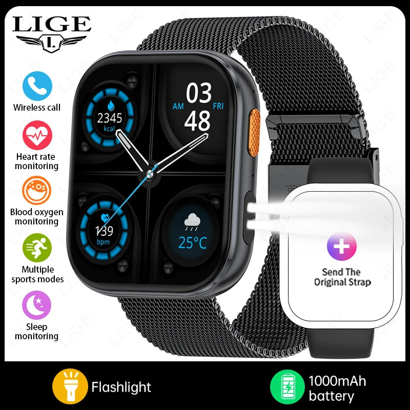 LIGE 2026 1000mAh Battery Men Women Smart Watch 2.04" HD Large Screen Flashlight Hear Rate Bluetooth Call Smartwatch 100+ Sports