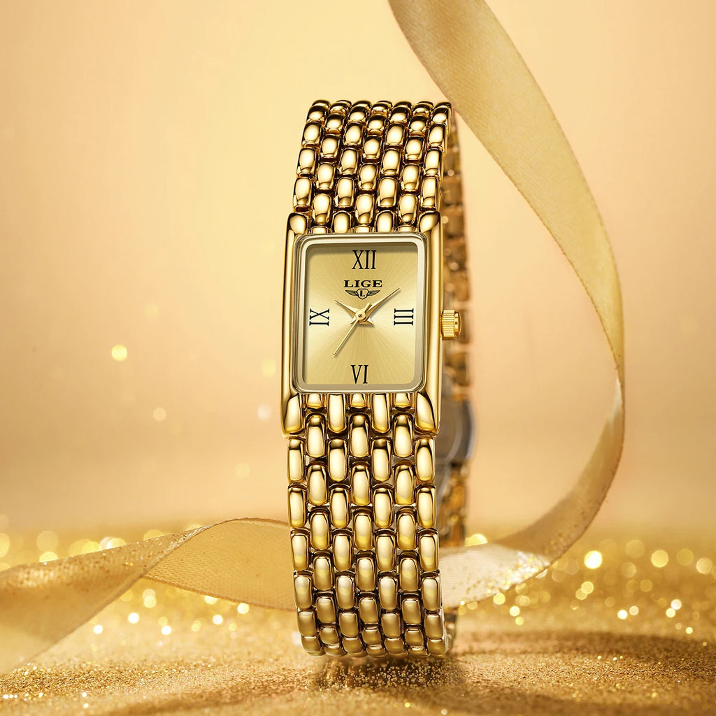 LIGE Gold Watch for Women Square Ladies Quartz Wristwatches Stainless Steel Women Small Gold Watch Luxury Casual Fashion Watch