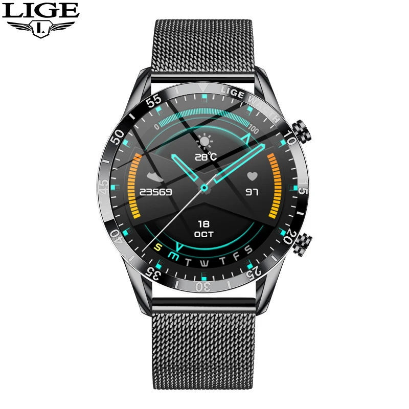 LIGE Men Smart Watch Bluetooth Call Luxury Full Circle Touch Screen Steel Band Waterproof Sports Fitness Watch For Android IOS