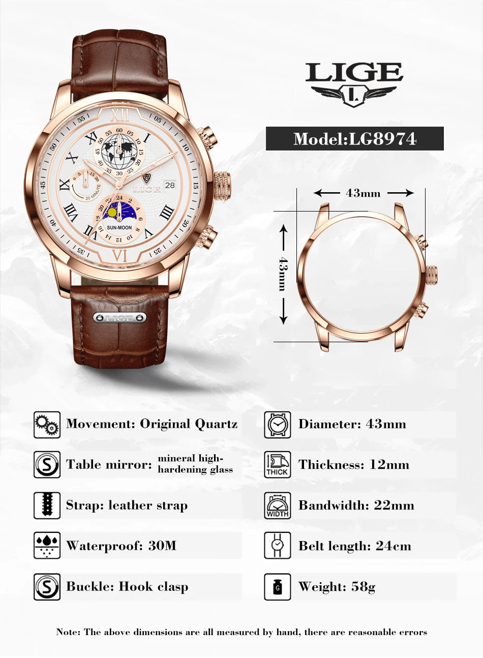 LIGE Brand Luxury Mens Watch Business Fashion Quartz Wristwatch Sport Waterproof Luminous Leather Strap Watches Men Reloj hombre