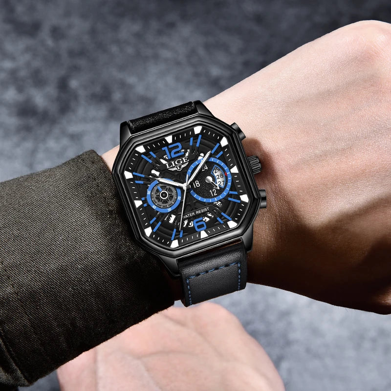 LIGE Fashion Mens Watch Leather Clock Brand Luxury Sport Chronograph Quartz Watches For Men Wrist Watch Relogios Masculino+Box