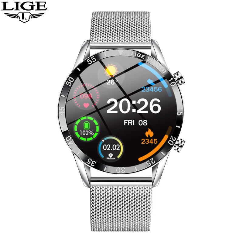 LIGE Men Smart Watch Bluetooth Call Luxury Full Circle Touch Screen Steel Band Waterproof Sports Fitness Watch For Android IOS