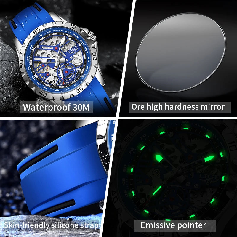LIGE Luxury Men  Automatic Mechanical Watch Luminous Hollowed Movement Waterproof Luminous Mechanical wristwatches  Reloj Montre