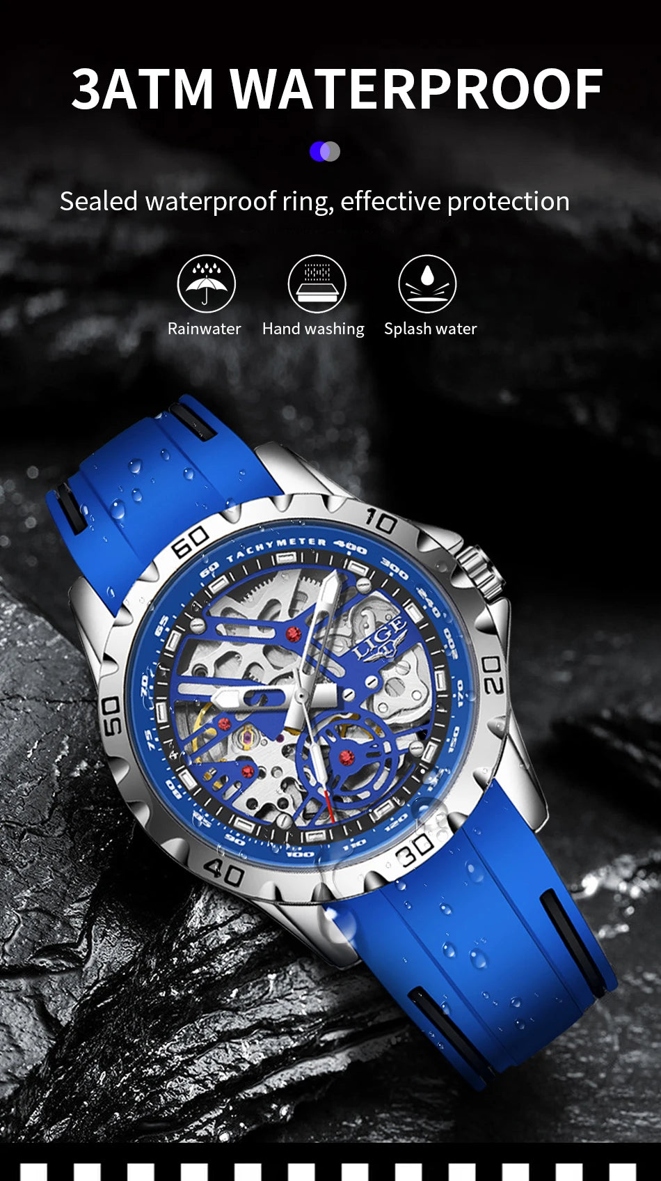 LIGE Luxury Men  Automatic Mechanical Watch Luminous Hollowed Movement Waterproof Luminous Mechanical wristwatches  Reloj Montre