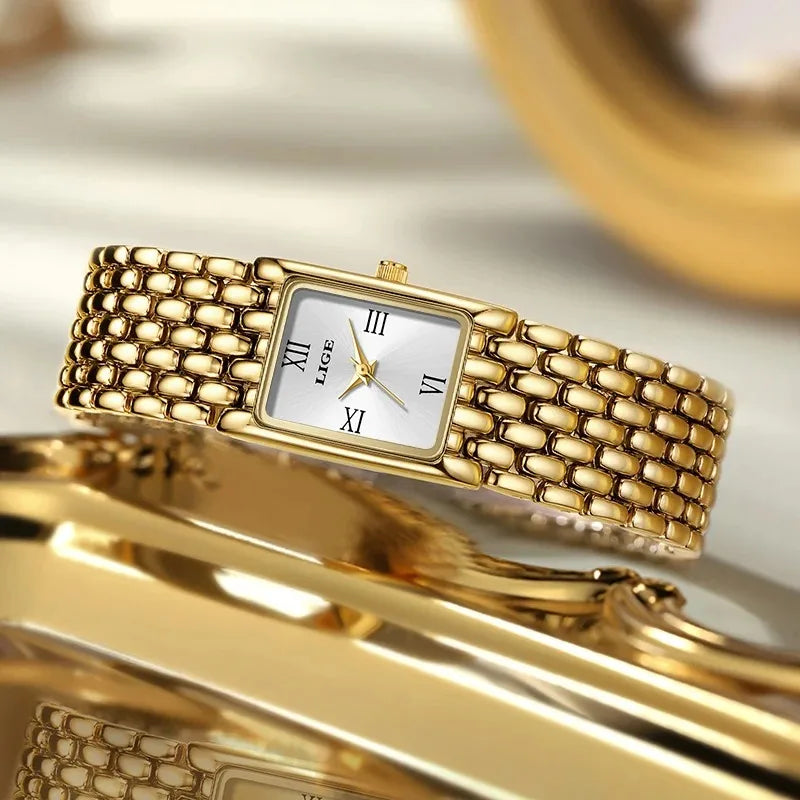 LIGE Watch Women Fashion Casual Luxury Womens Waterproof Square Dial Steel Belt Quartz Wrist Watches Christmas Gifts Reloj Mujer