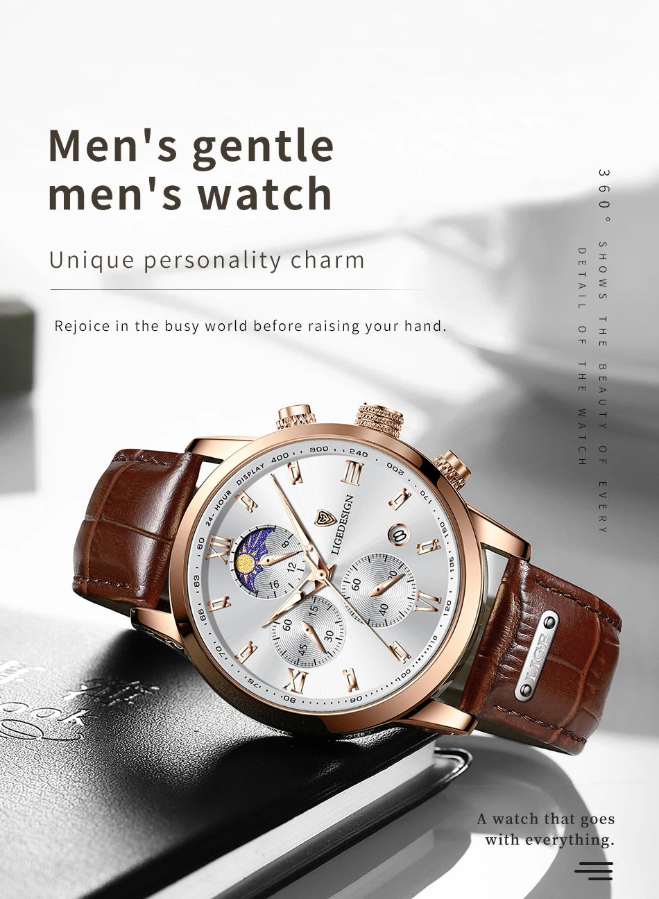 LIGE Men Date Clock Watches Male Chronograph Watch for Men Business Fashion Watch Man Top Brand Luxury Leather Quartz Wristwatch