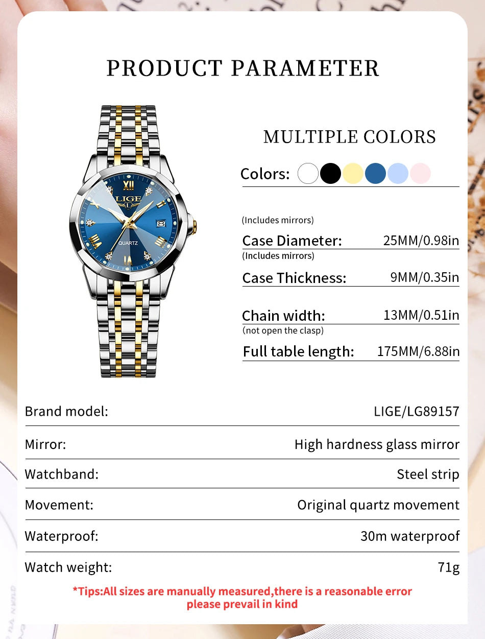 LIGE Women Watches Luxury Fashion Ladies Quartz Watch Waterproof Luminous Date Stainless Steel Wristwatch Girlfriend Gift
