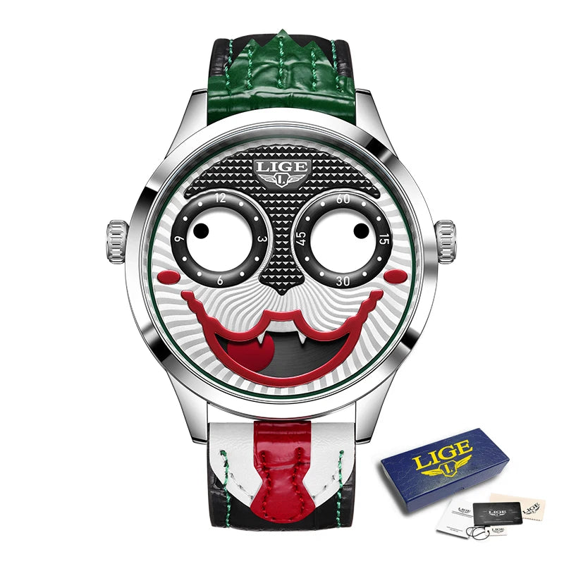 LIGE Creative Watches For Men Clown Fashion Quartz Wristwatches Waterproof Leather Strap Mens Watch Cool Joker Reloj Hombre
