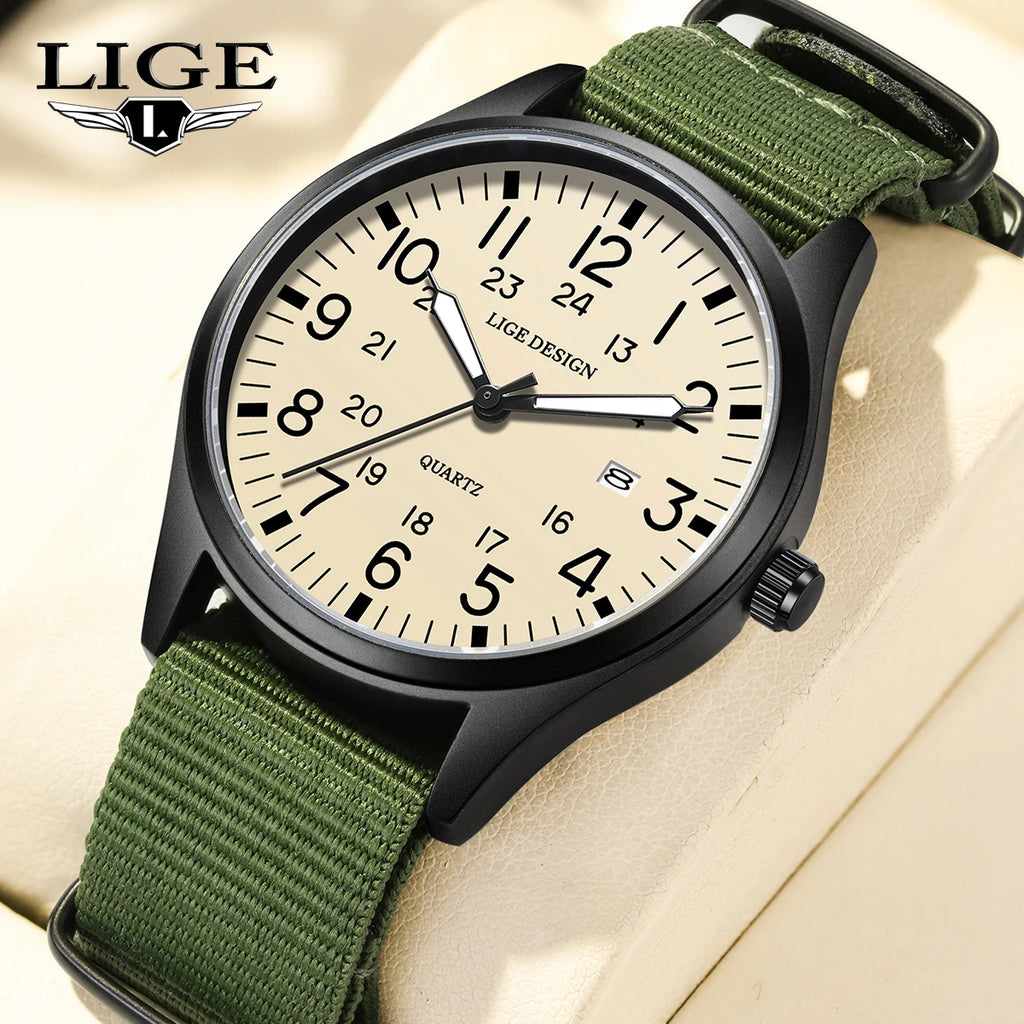 LIGE Original Top Quartz Watch Outdoor Sports Casual Simple Auto Date Clock Nylon Strap Waterproof Luminous Watches for Man Gift
