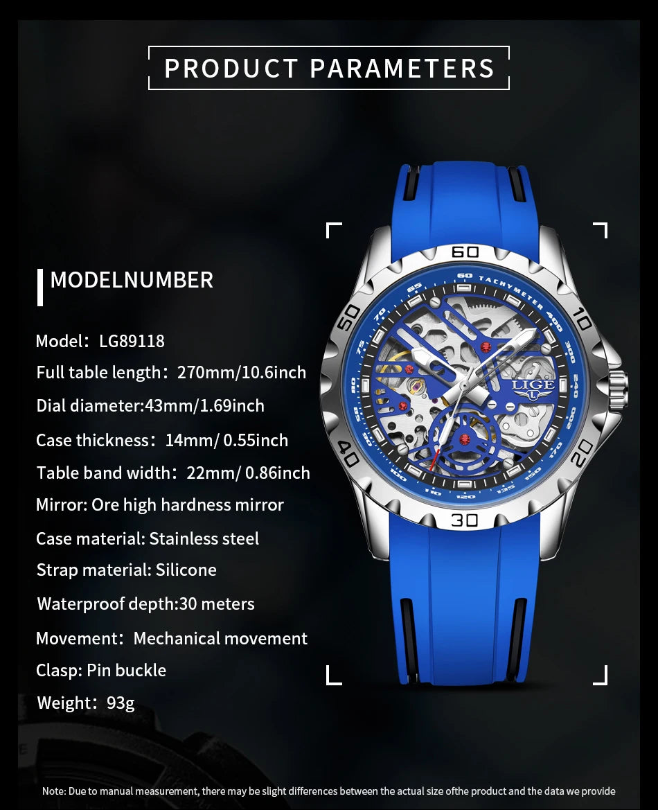 LIGE Luxury Men  Automatic Mechanical Watch Luminous Hollowed Movement Waterproof Luminous Mechanical wristwatches  Reloj Montre