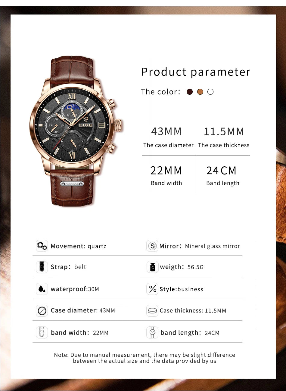 LIGE 2024 New Mens Watches Top Brand Luxury Brown Leather Casual Quartz Watch Men Sport Waterproof Clock Watch Relogio Masculino