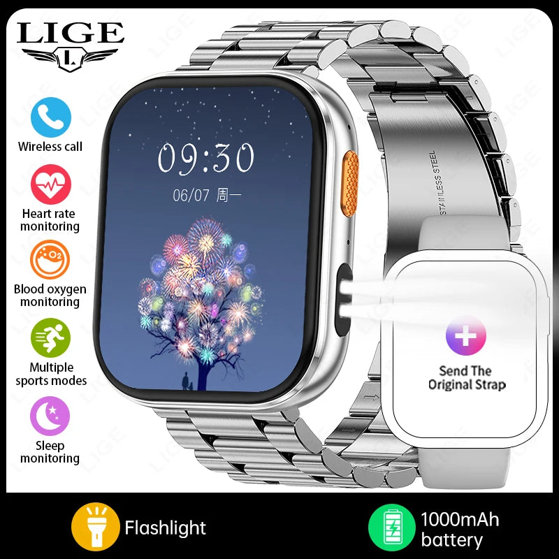 LIGE 2026 1000mAh Battery Men Women Smart Watch 2.04" HD Large Screen Flashlight Hear Rate Bluetooth Call Smartwatch 100+ Sports