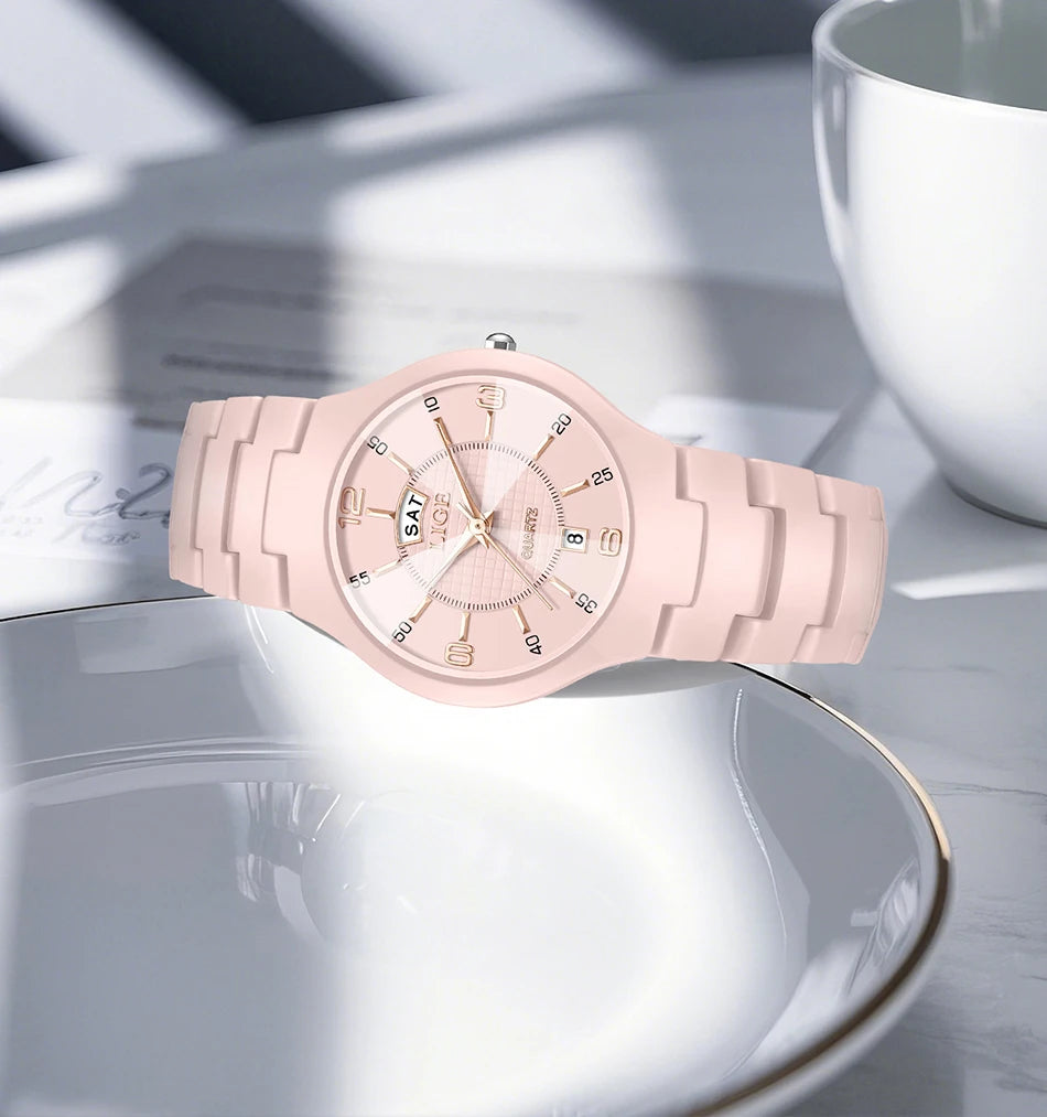 LIGE 2026 Elegant Ceramic Womens Watch Luxury Fashion Quartz Wristwatches Waterproof Date Week Watches Ladies Gifts Reloj Mujer