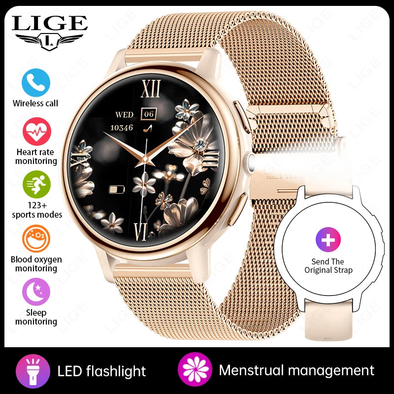 LIGE New Lady Fashion Smart Watch 1.26" HD Heart Rate Women's Health Bluetooth Voice Call Waterproof Flashlight Smartwatch