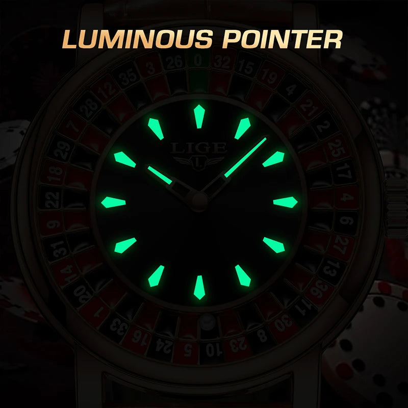 LIGE 2025 NEW mens watch Featured Dial Las Vegas Roulette Table Desk Theme waterproof quartz watches for men reloj hommes+BOX